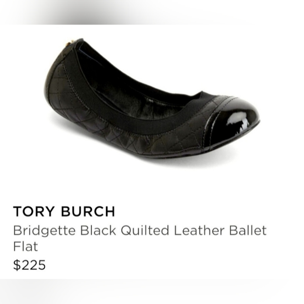 Tory Burch Bridgette Quilted Leather Ballet Flats Padded Black Patent Toe US 8.5